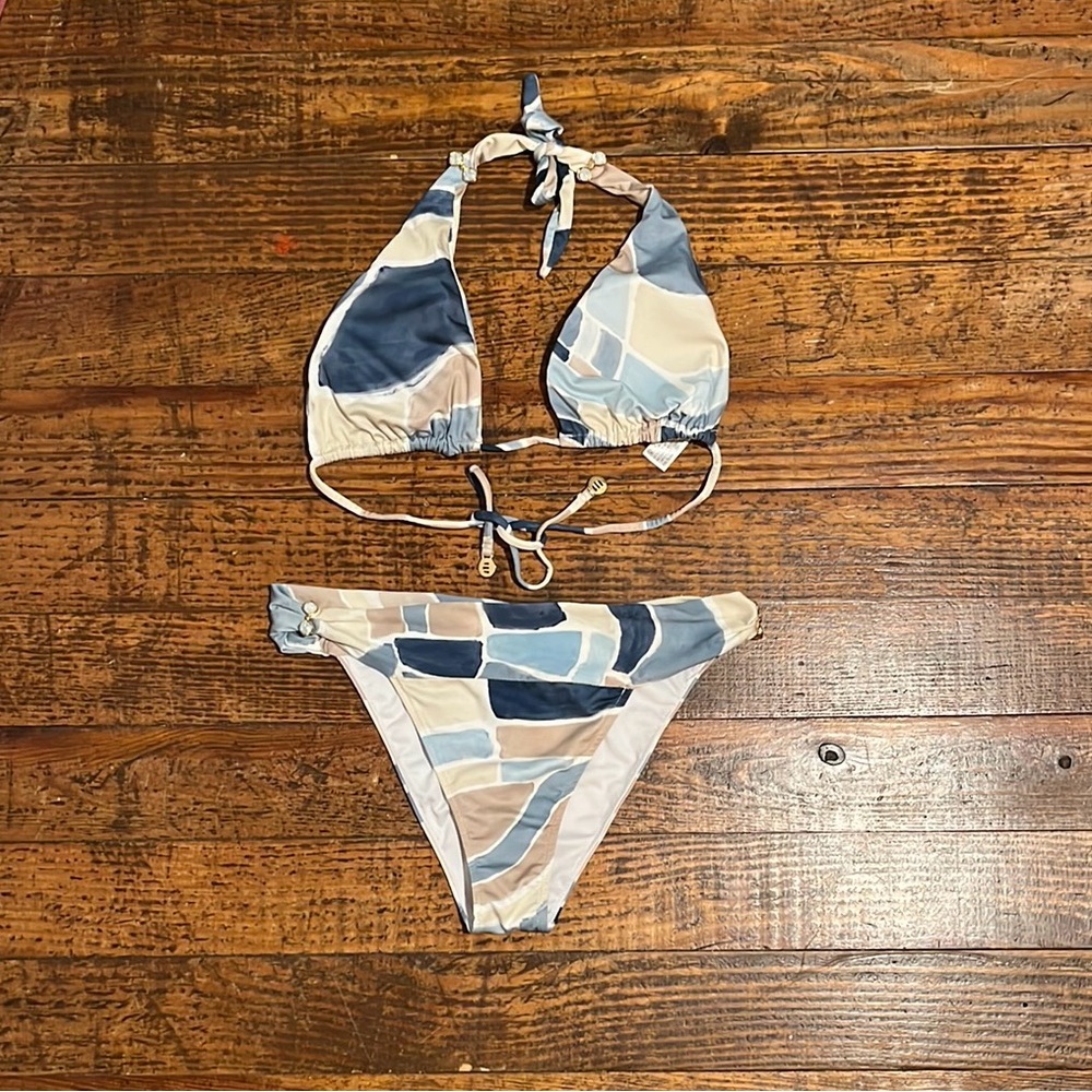 Blue and Beige Geometric Bikini Set